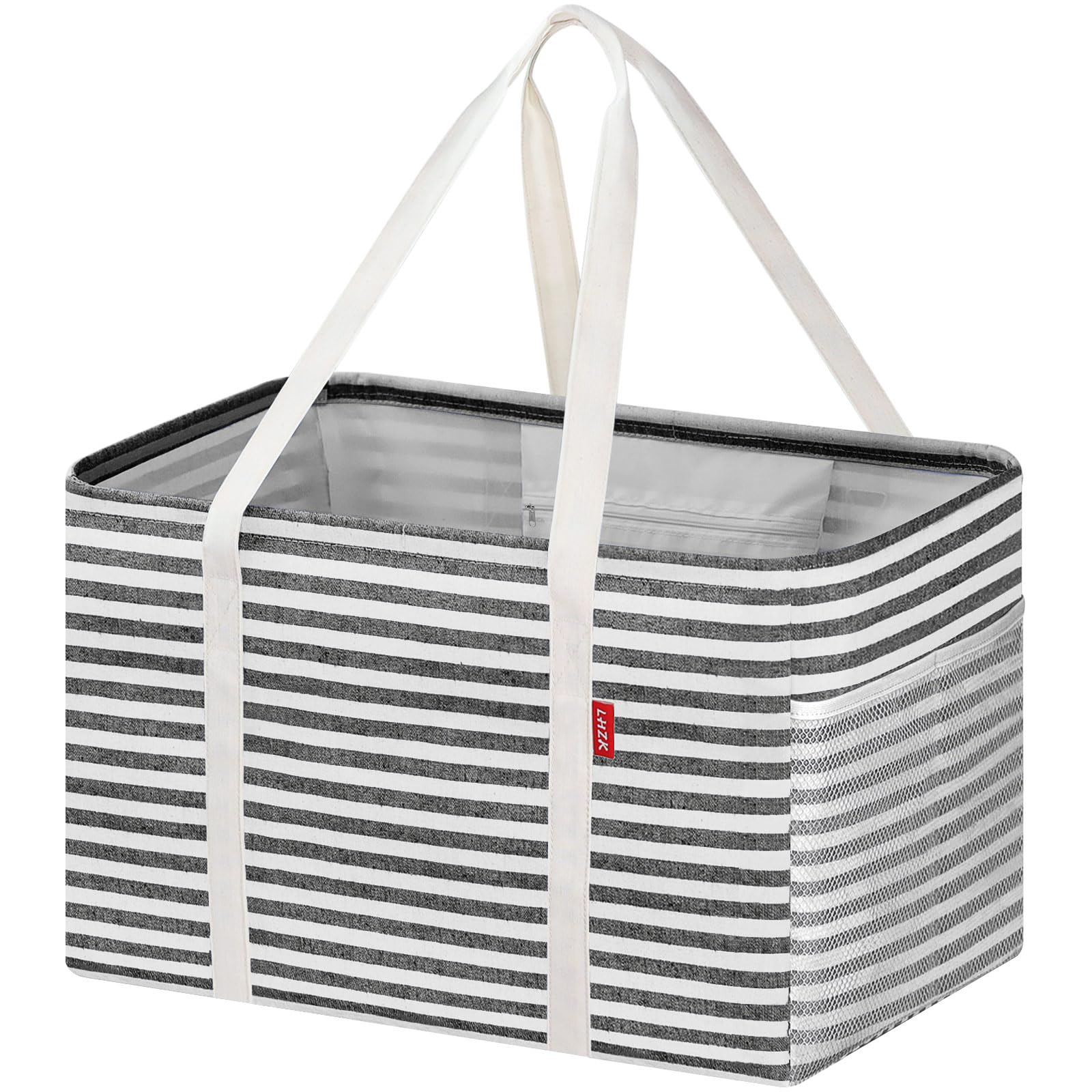 LHZK Standing Utility Tote Bag with Metal Wire Frame and the Sides Rinforced, Large Tote Bag with Handle, Reusable Grocery Bags Foldable, Beach Bag, Car Tote, Black, 18.5''x11.8''x11.5''