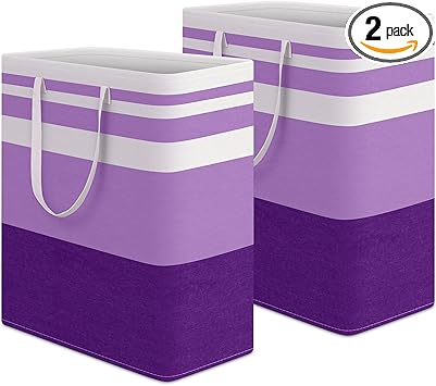 HomeHacks 2 Pack Large Laundry Baskets, Waterproof, Freestanding Laundry Hampers, Collapsible Clothes Hamper with Reinforced Handles in Laundry, College Dorm, Bathroom, Bedroom (Purple, 100Lx2)