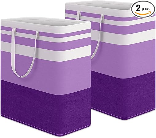 HomeHacks 2 Pack Large Laundry Baskets, Waterproof, Freestanding Laundry Hampers, Collapsible Clothes Hamper with Reinforced Handles in Laundry, College Dorm, Bathroom, Bedroom (Purple, 100Lx2)