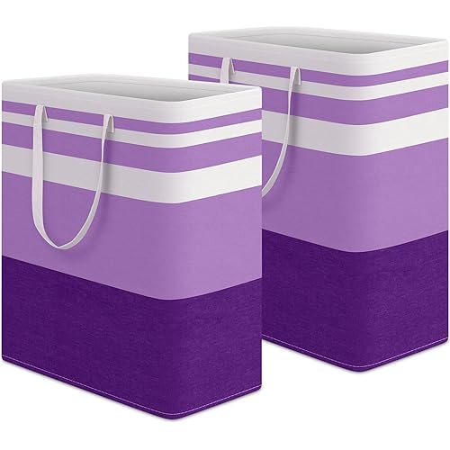 HomeHacks 2 Pack Large Laundry Baskets, Waterproof, Freestanding Laundry Hampers, Collapsible Clothes Hamper with Reinforced Handles in Laundry, College Dorm, Bathroom, Bedroom (Purple, 100Lx2)