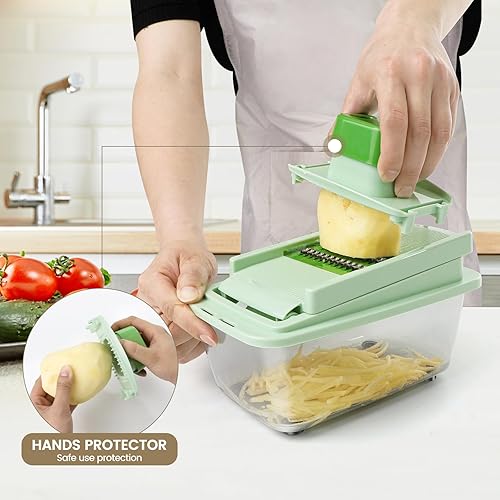 Miniatura 7 de Picador de verduras con 8 cuchillas - Picador de cebolla 16 en 1 con contenedor, espiralizador de verduras de cocina, artículos esenciales para el