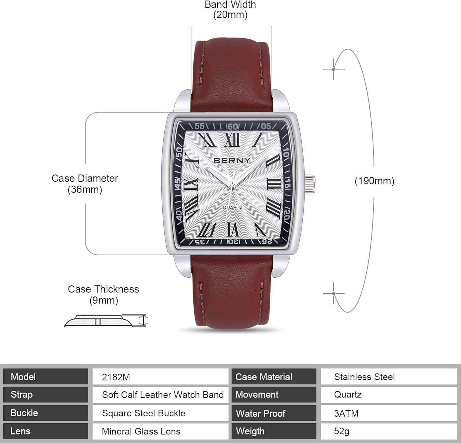 BERNY Classic Men's Watches Rectangular Stainless Steel Watch Genuine Leather Strap Watch Roman Numeral Luxury Wristwatch Analog Display Japanese Quartz Tank Watch Grey