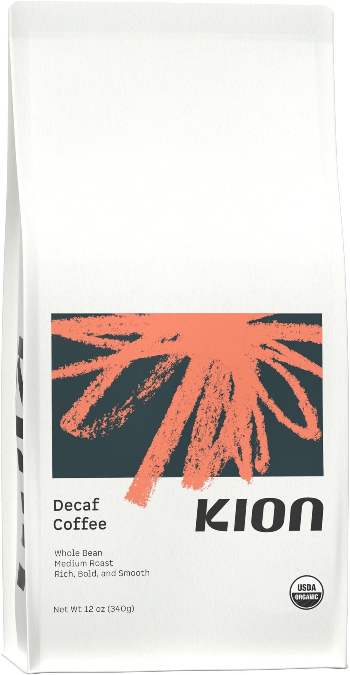 Kion Organic Decaf Whole Bean Coffee, Tested for Toxins, Ethically Sourced, Rich, Bold, and Smooth, Medium Roast 12 Oz (1 Pack)
