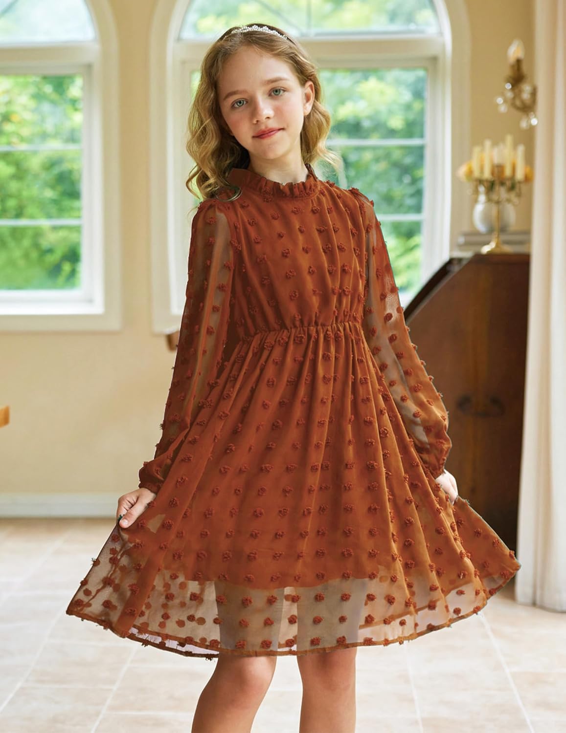 Arshiner Girls Dress Long Sleeve Swiss Dot Ruffle Collar Flowy A-Line Party Dress for Kids 5-13Y - Image 2