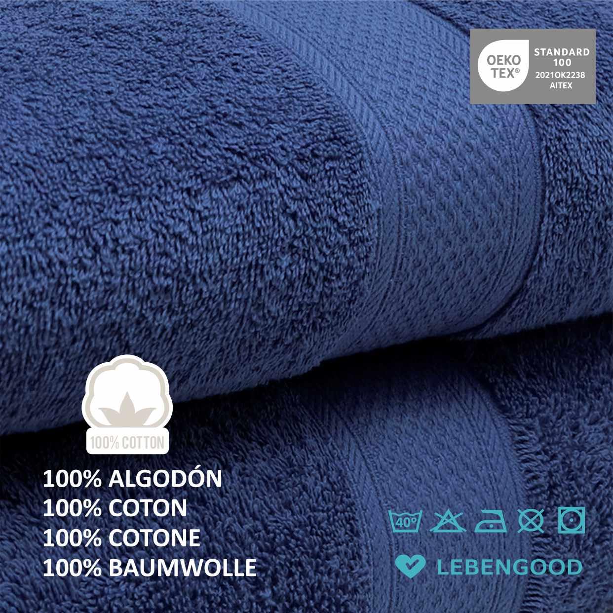 Lebengood Lot de 2 Serviettes de Bain 100% Coton 70x140 Oeko-TEX