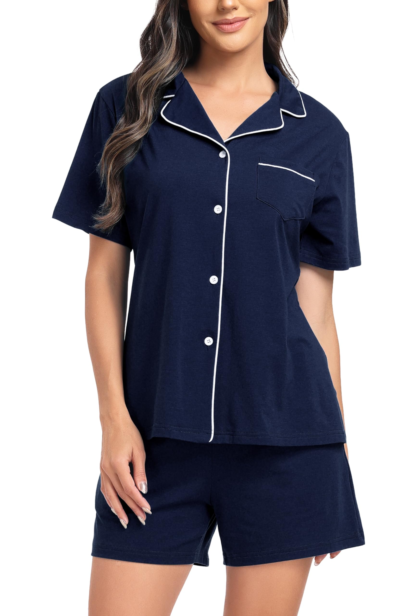 Lovasy Schlafanzug Damen Baumwolle Kurz Pyjama Set Kurzarm Schlafanzüge für Damen mit Knöpfen und Taschen