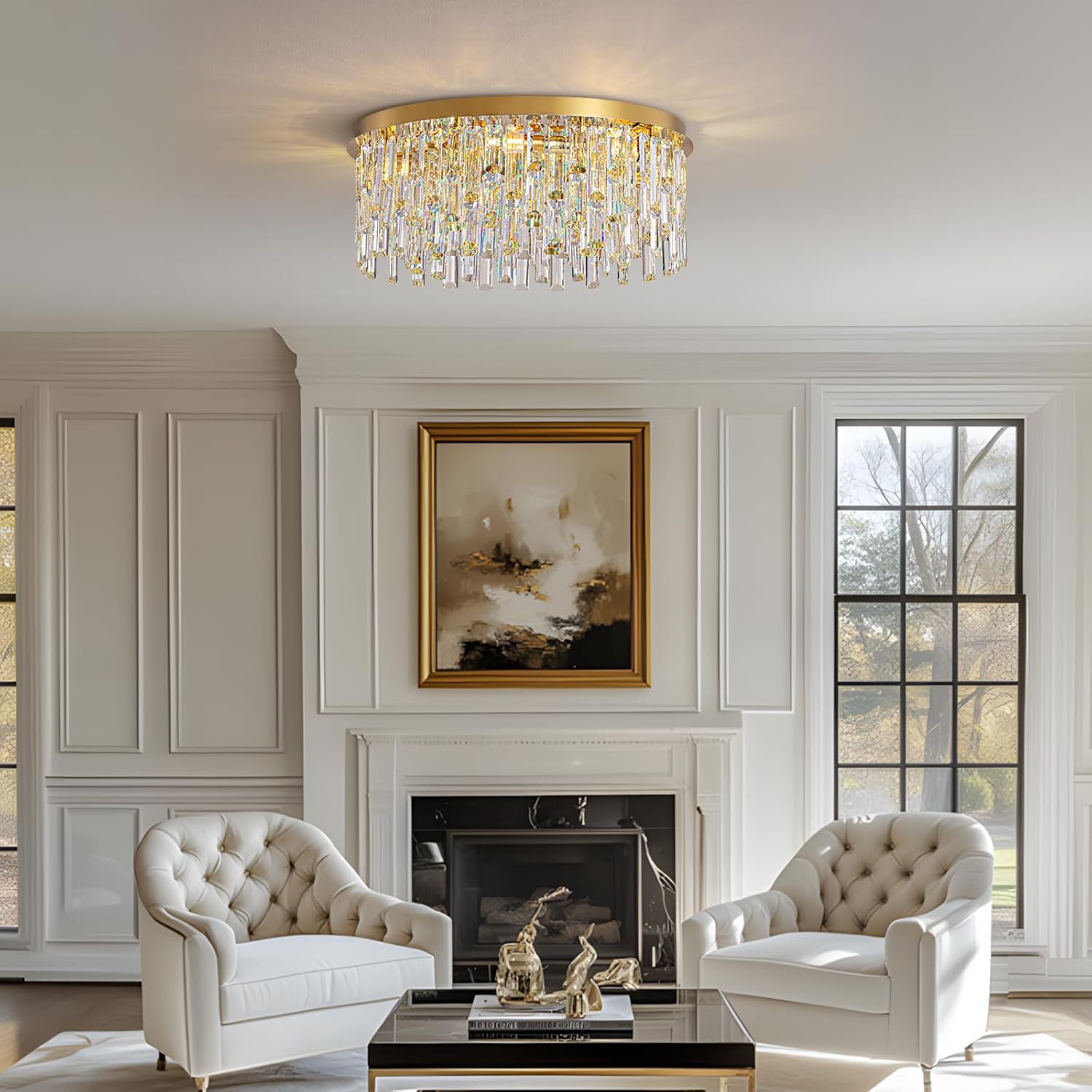 Luxury Crystal Chandelier Modern 23.6 inch Gold Chandelier, 7-Light Gold Raindrop Round K9 Crystal Ceiling Light, Flush Chandeliers for Dining Room Living Room Foyer Kitchen Island