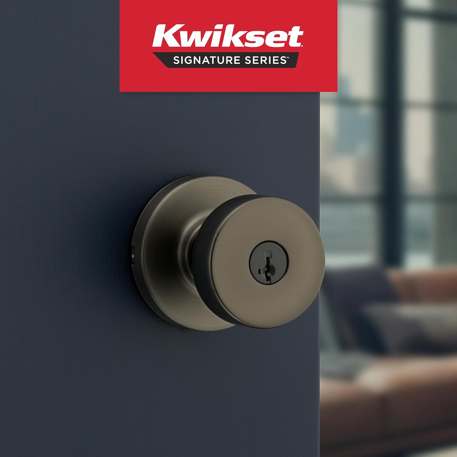 Kwikset Pismo Keyed Entry Door Handle with Lock and Key, Round Secure Keyed Reversible Lever Exterior, Door Lock, Front Entrance and Bedrooms, Gunmetal, Pick Resistant Smartkey Rekey Security