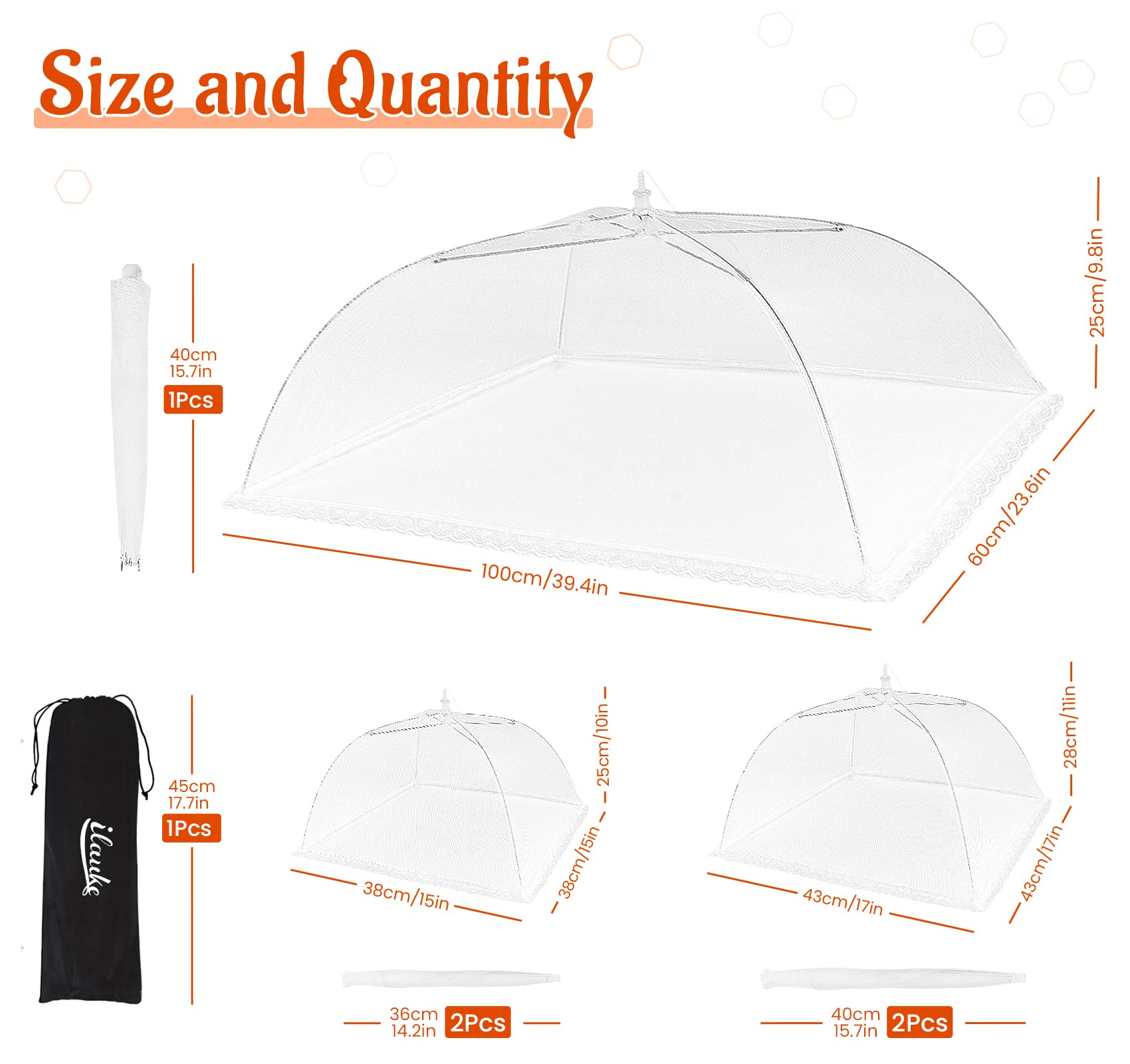 ilauke Coperture Coprivivande Pieghevole Extra Grande,100 x 60 cm, Anti Insetti Set 5pz Copertura in Rete per Alimenti 3 Misure Ideale per Cibi Protezione in Frutta Mangiare Barbecue Picnic, Bianco