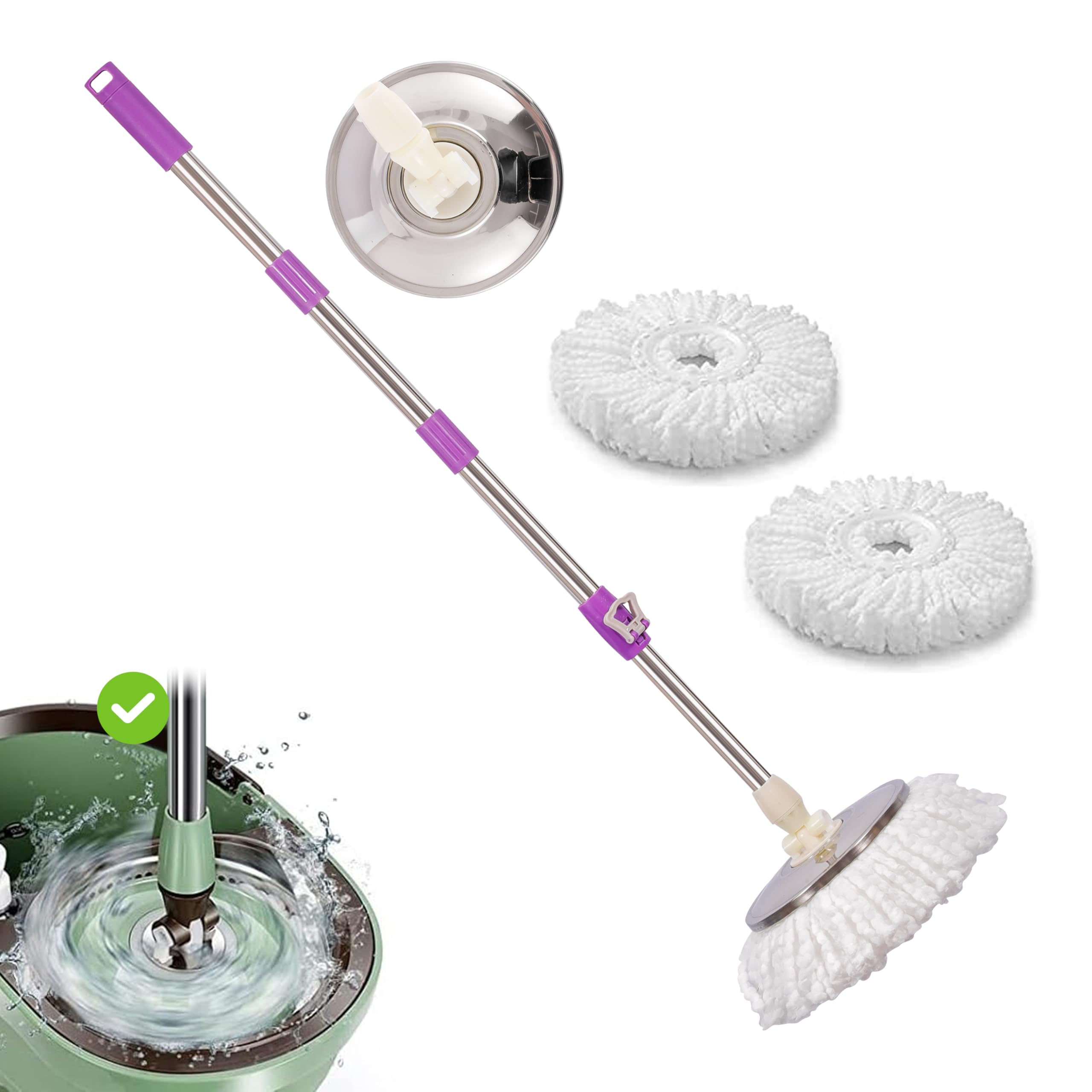 Arsuk Purple Mop Handle Spin Mop Head Base Handle With 2 Microfibers Head Refills – Stainless Steel Mops Stick/Rod/Pole Replacement For 360° Spin Buckets Systems, Universal Mop Handle For Floor Cleaning