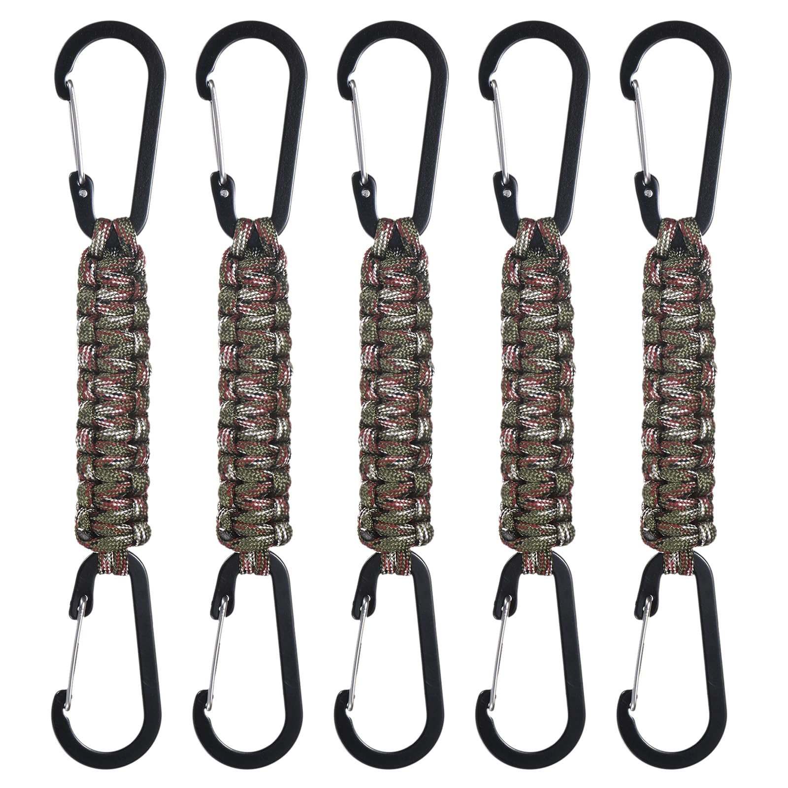 M METERXITY 5-Pack Braided Paracord Keychain with Clips, 7.9 Inch Paracord Lanyard Clips Durable Hanger Hook for Backpacks Water Bottle for Camping/Hiking/Fishing/Traveling [Green Camouflage]