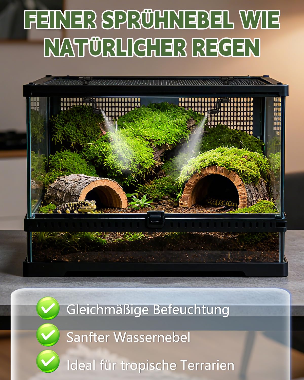 Reptilien Luftbefeuchter mit 6 SprüHdüsen, Beregnungsanlage für Terrarium mit Sprühdüsen 360 ° Verstellbare/Silent-Design, Reptilien ZerstäUber für Terrarien Amphibie Npflanzen Pflanzen Regenwald