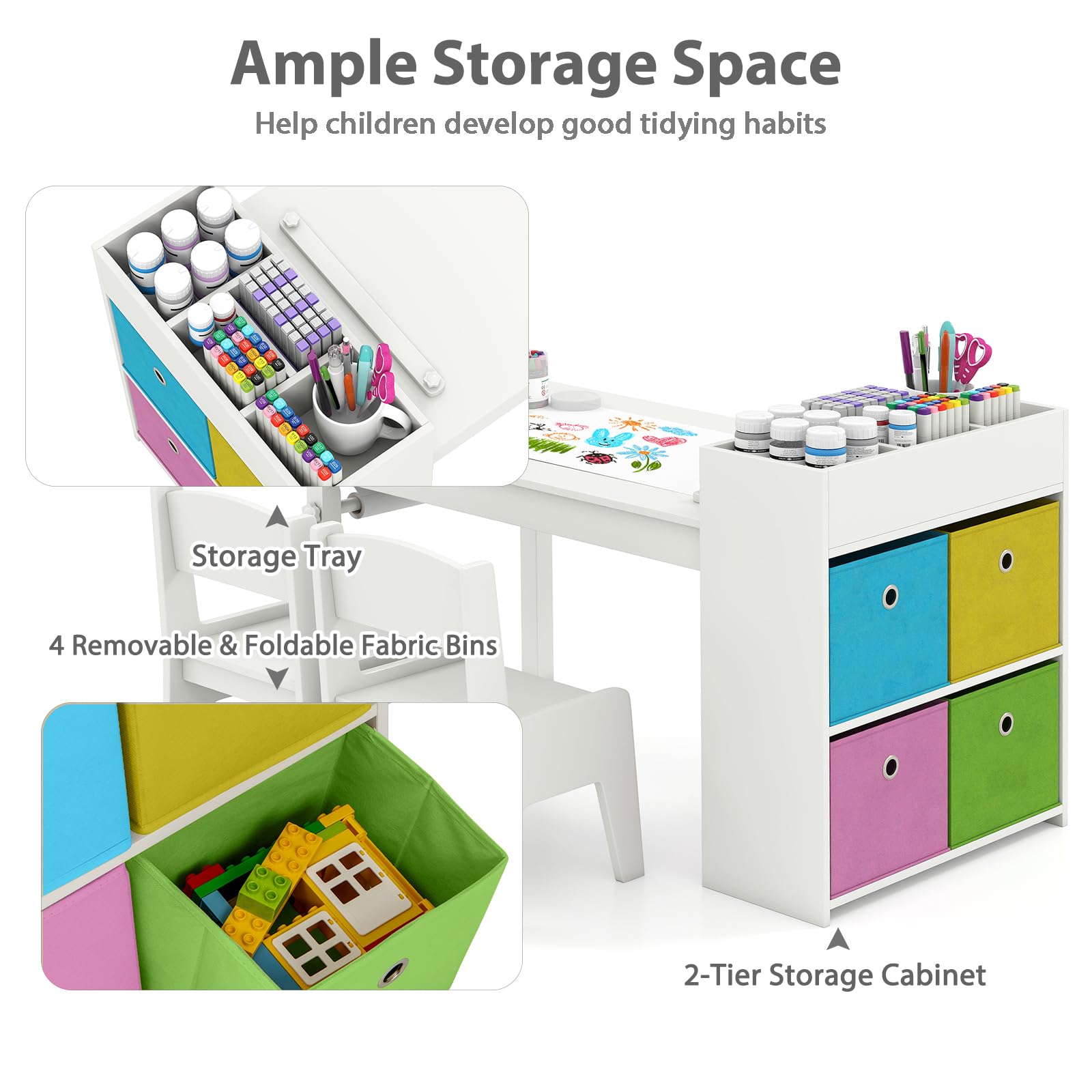 LIFEZEAL Kindertisch mit 2 Stühlen, Kinder Spieltisch und Stühle Set mit Papierrollen und 4 Stoffablagekörben, kindersitzgruppe Aktivitätstisch zum Malen, Schreiben für Mädchen & Jungen (Weiß)