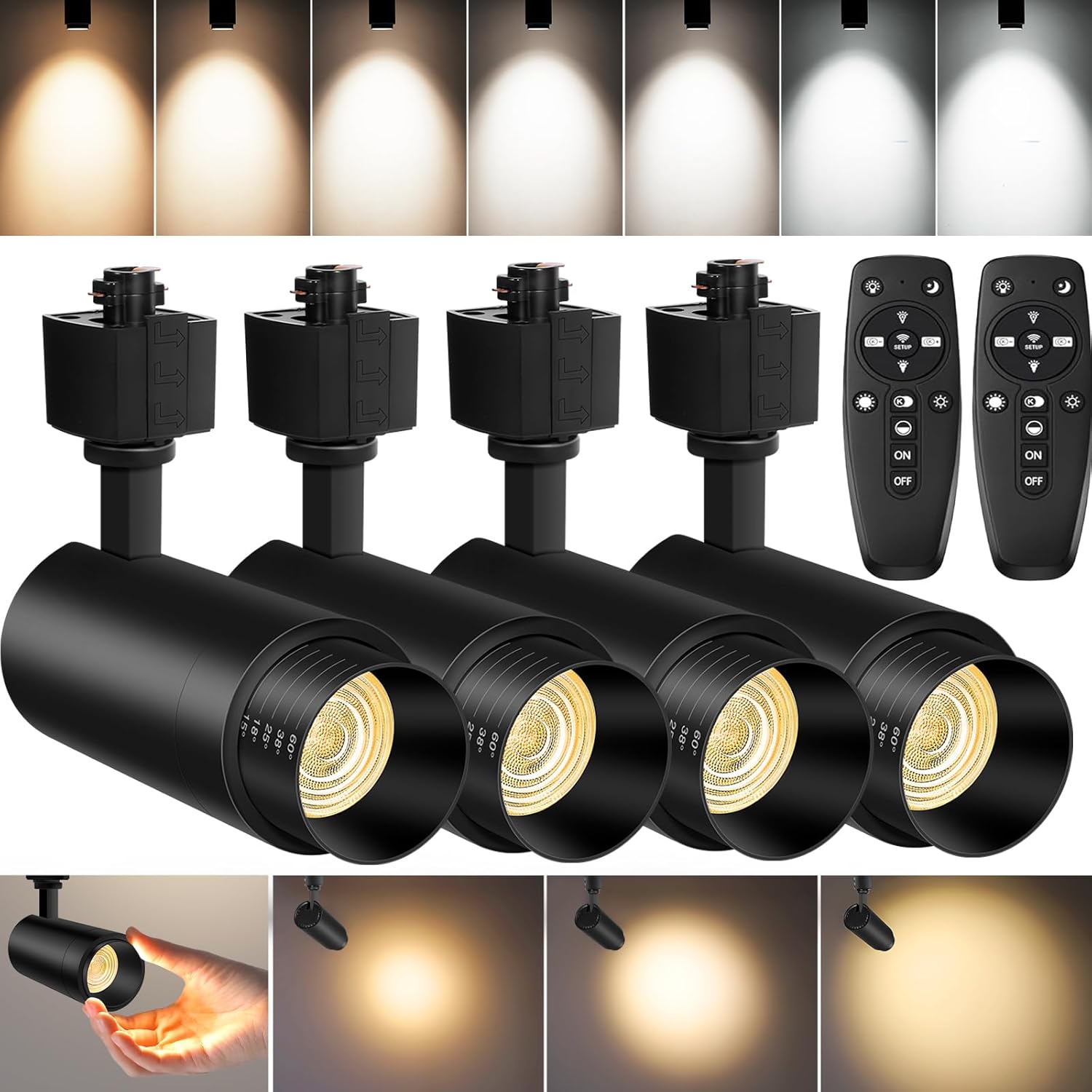 【2025 Upgraded】10-Color Zoomable 25W LED Track Lighting Heads H Type Track Light Heads with Remote Dimmable Bright Ceiling Spotlight, 2700K/3000K/4000K/5000K/6500K, CRI90 15°-60° 2200lm White 4 Pack