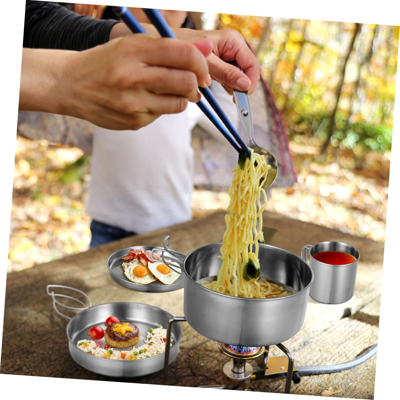 Tragbares Campingkochgeschirr Edelstahl 8 Stück Mit Tasche Leichter Outdoor Topf Und Pfannensatz Antihaftbeschichtet Für Wandern Picknick Rucksacktouristen
