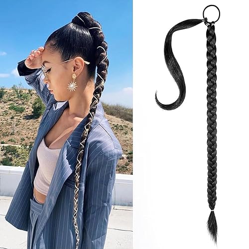 Extensión de cola de caballo larga trenzada con banda para el cabello, extensión de cola de caballo recta, color negro natural, cola de caballo