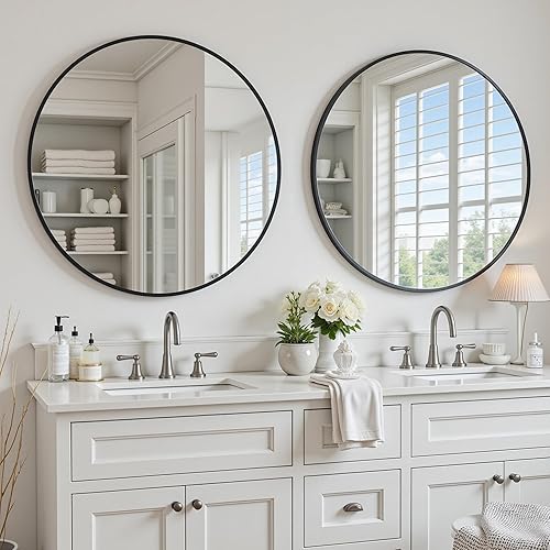 Antok Espejo redondo de 18 pulgadas para pared, espejo redondo de baño, espejos de pared circulares con marco de metal negro, espejos circulares