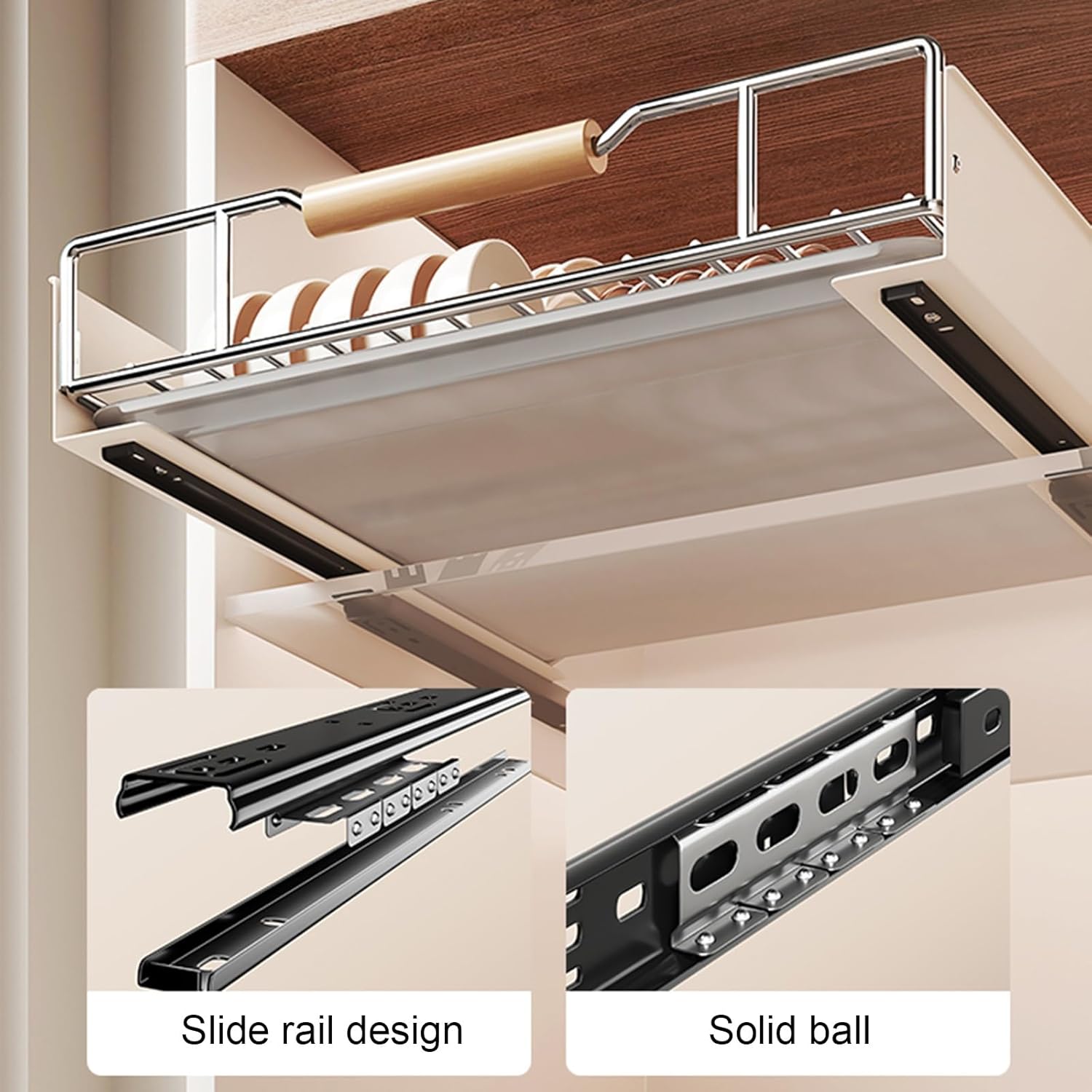 Pull Out Dish Racks Fixed,Dish Drying Rack with Drainboard & Adhesive Film,Heavy Duty Slide Out Pantry Drawers for Kitchen, Living Room
