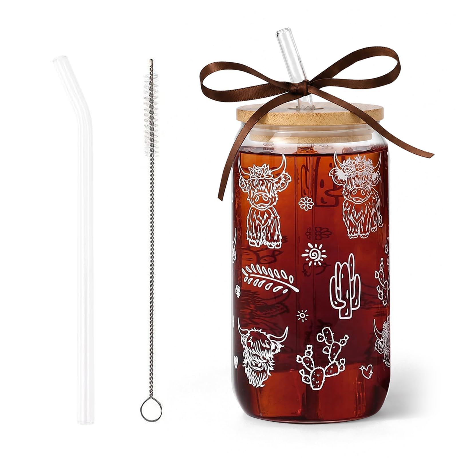 Bryxora Glass Cups with Lids and Straws, Highland Cow Gifts, Glass Drinking Cup with Lid and Straw, Gift-Ready Patterned Tumbler