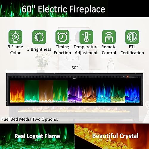 Miniatura 2 de AMERLIFE Soporte de TV con chimenea de 65 pulgadas con chimenea eléctrica de cristal de 60 pulgadas, centro de entretenimiento multimedia industrial