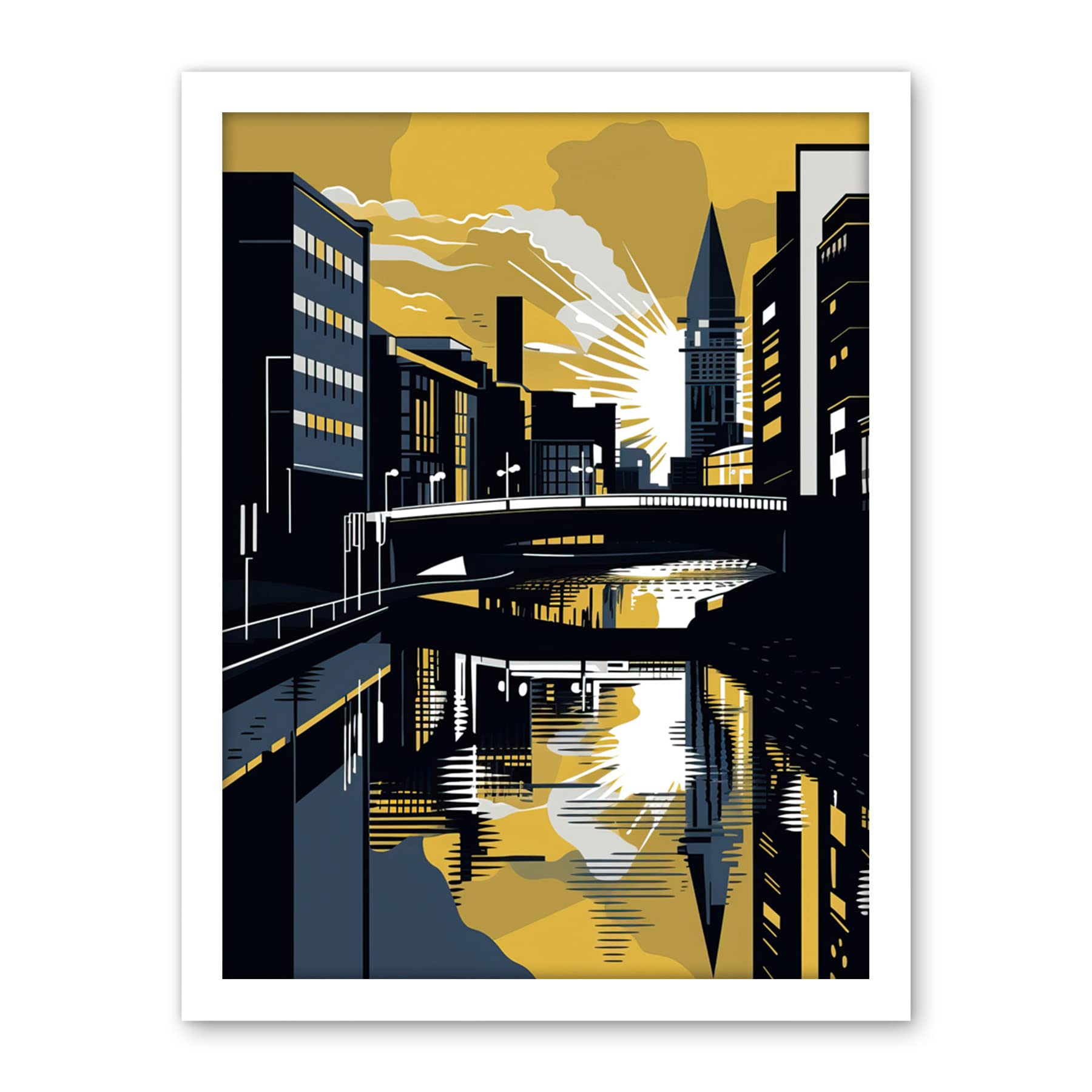 Artery8 Glasgow Scotland River Cityscape Sunrise Geometric Artwork Framed Wall Art Print 18X24 Inch