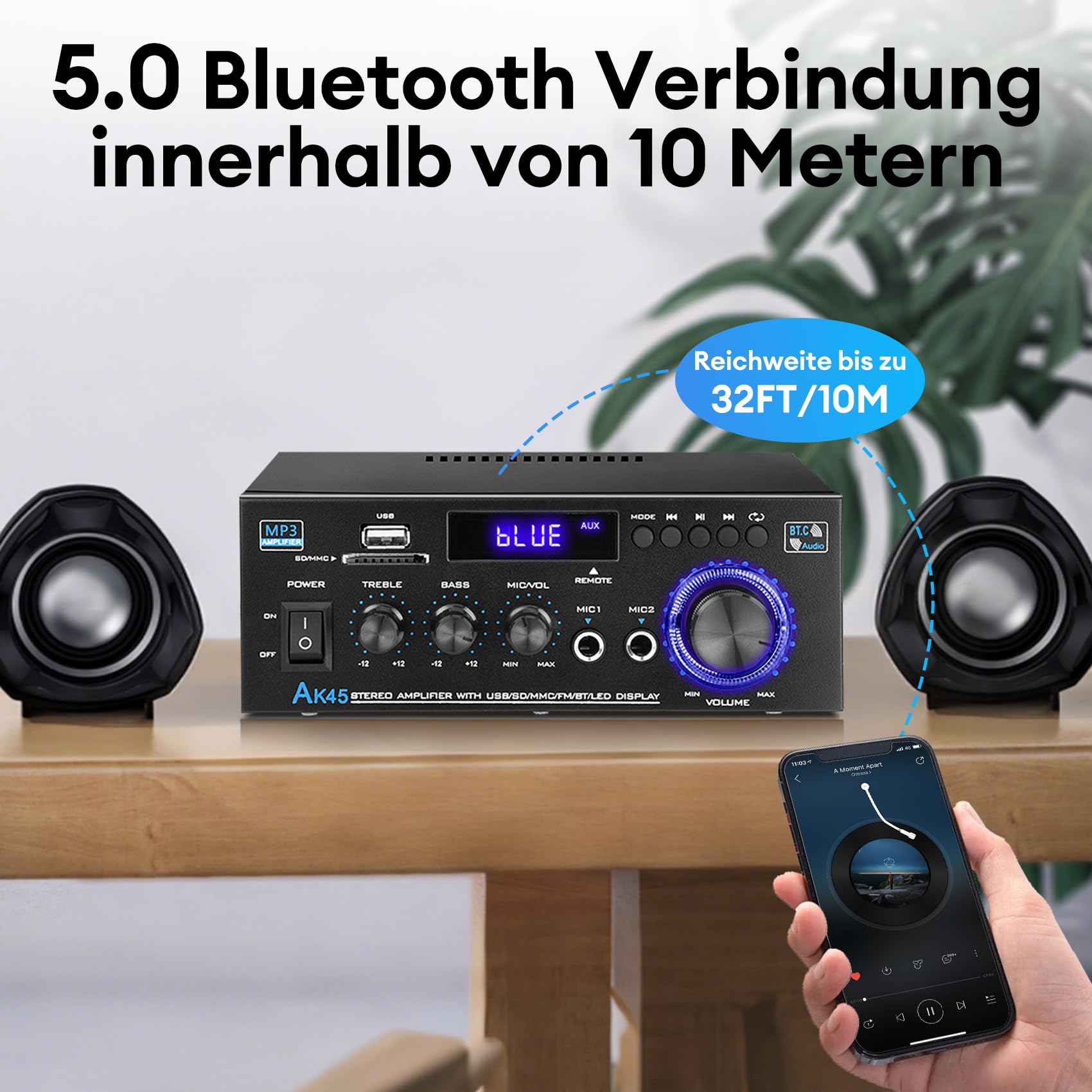 Hifi Verstärker - KKMOL Stereo Verstärker, AK45 Mini Bluetooth Radio Audio Verstärker Receiver, Wiimp Amp,12V/ 220V 400W 2 Kanäle Digitale Endverstärker Soundverstärker mit USB, SD Card, Fernbedienung
