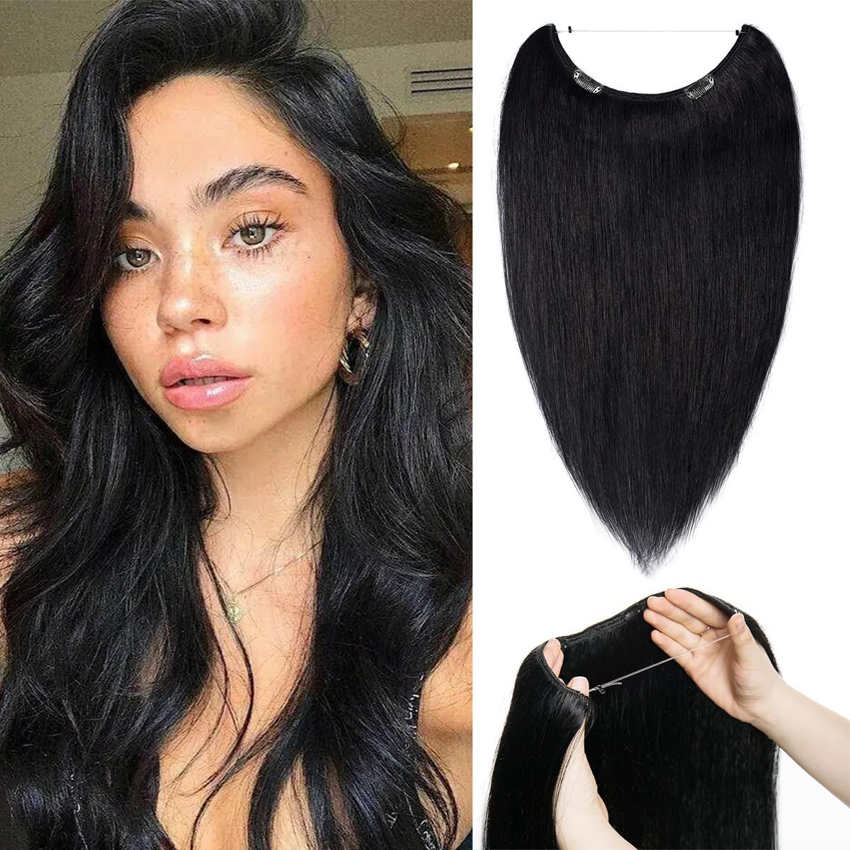 Snoilite Invisible Wire Human Hair Extensions 18" 65g Secret Wire Hair Extension