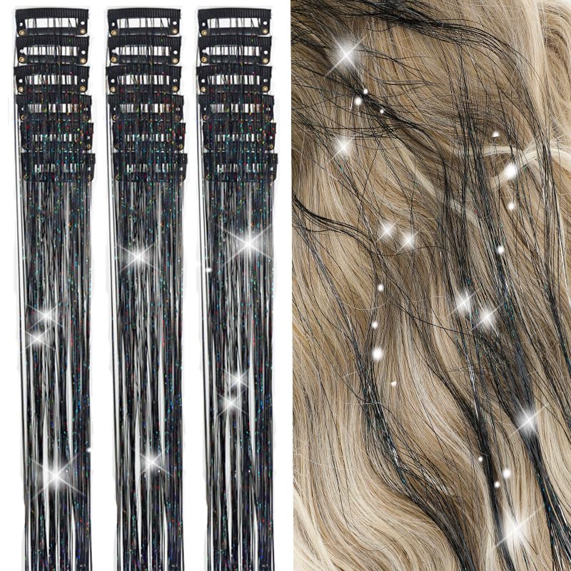 ZYXQZYX Hair Tinsel Kit Pack of 18 Pcs Hair Tinsel Clip in 19.6Inch Glitter Tinsel Hair Extensions Heat Resistant Clip in Hair Tinsel Sparkle Fairy