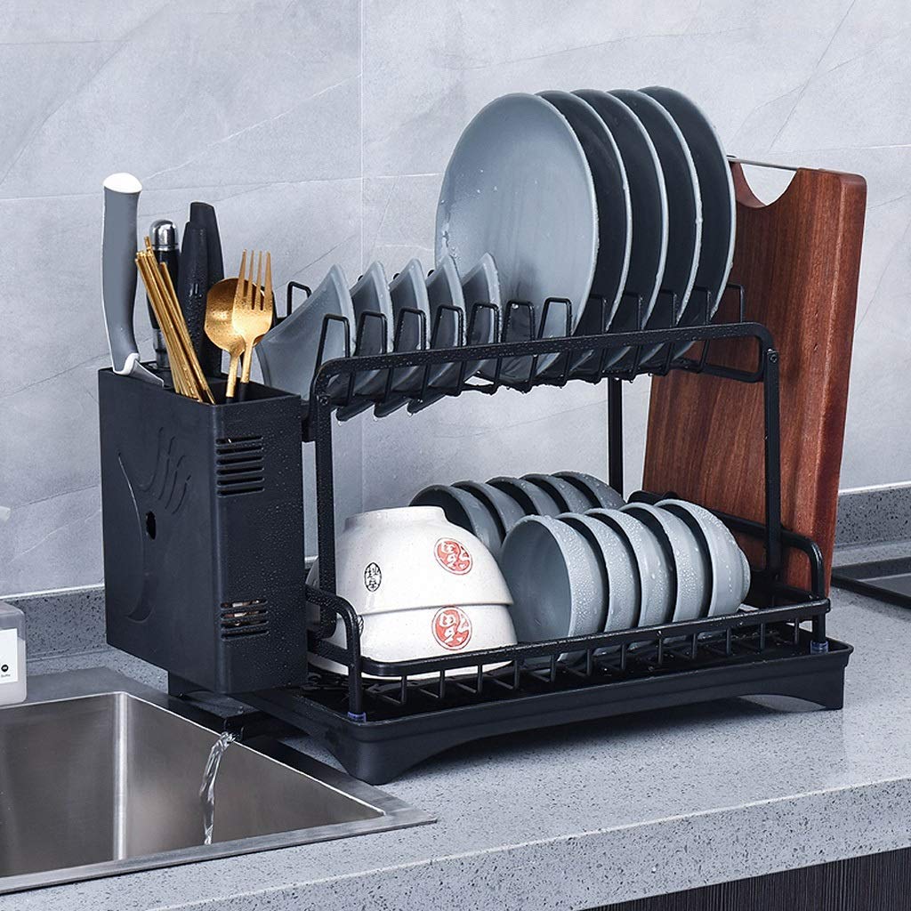 Piatto, Portabanca a Doppio Strato Di Asciugatura e Lavaggio Di Scarico, Scaffale Multifunzionale, Nero 30,5 * 30 * 51 cm