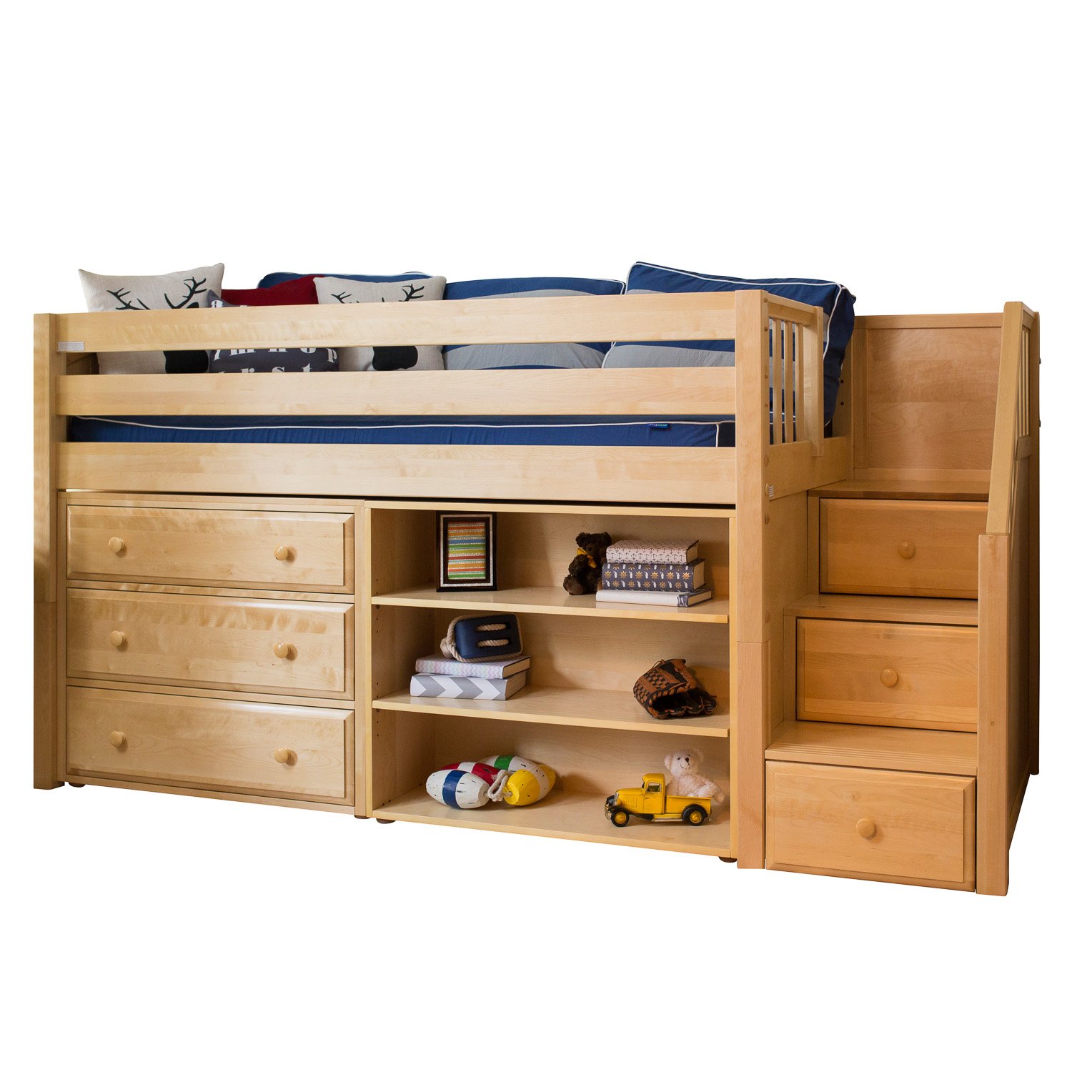 Maxtrix Solid Hardwood Twin-Size Low Loft Bed with Storage Staircase Entry, Bookshelf and 3 Drawer Dresser, Natural