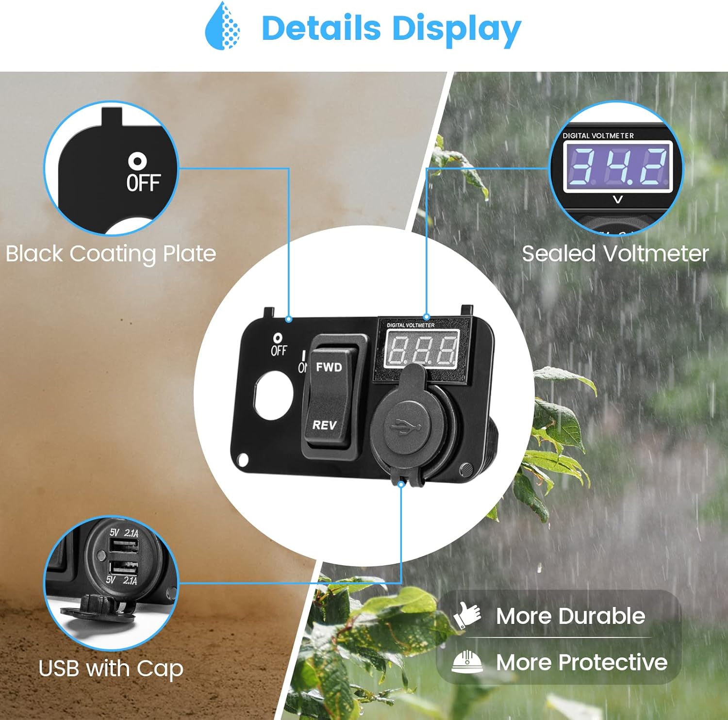 briidea 3 in 1 Multifunctional Integrated Panel with DC 12V-90V 4.2A Dual USB Charger Sockets, LED Wide Range Voltmeter & Forward Reverse Switch, Golf Cart Accessories for EZGO TXT, PDS & Medalist