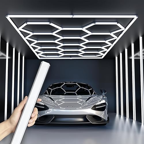 CyanCliff Updated Bigger Size 14 Grid Hexagon Garage LED Lights with Widen 1.33IN Illuminated Surface, 108000LM Led Lights System for Garage, Basement,Warehouse(Black Edge) Patent No.US0D1109406S