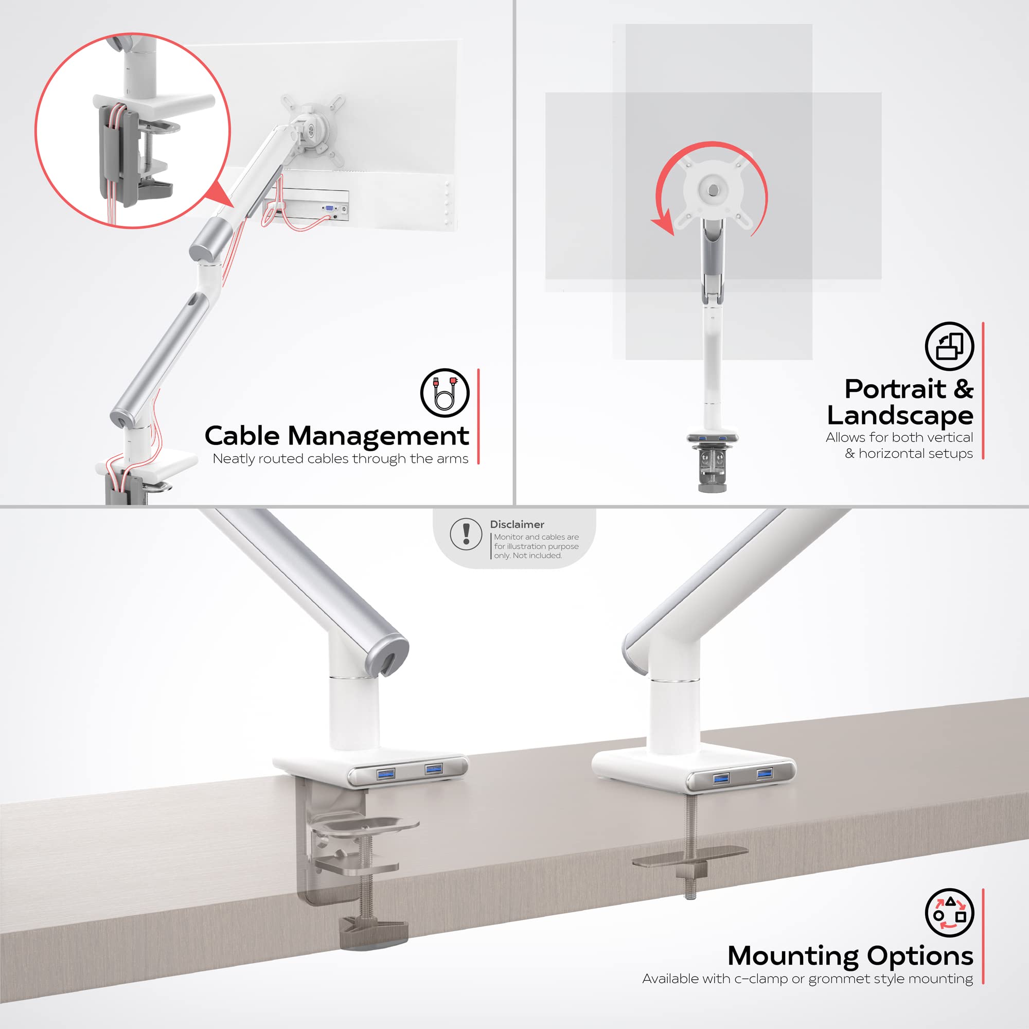 CTA Digital Support de Bras pour écran Simple – 23" à 35" – Double Port USB 3.0 et Pince de Bras pour Bureau Blanc