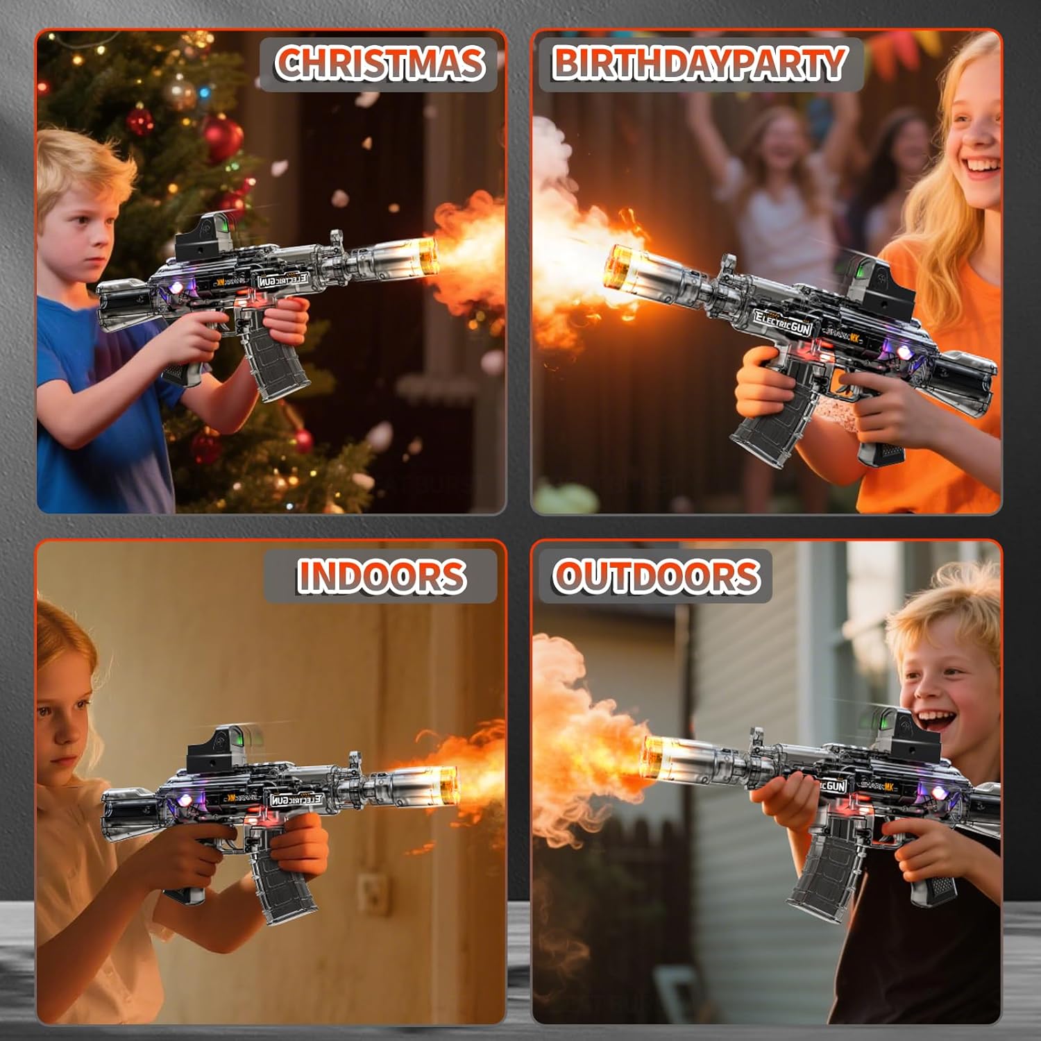 Spray Light and Sound Gun with Flash, Sound Effect, Spray Effect, Built-in Battery, Charging Cable, Scope, Magazine, Light and Sound Toy Gun, Very Suitable for Children Aged 3+ (Grey)
