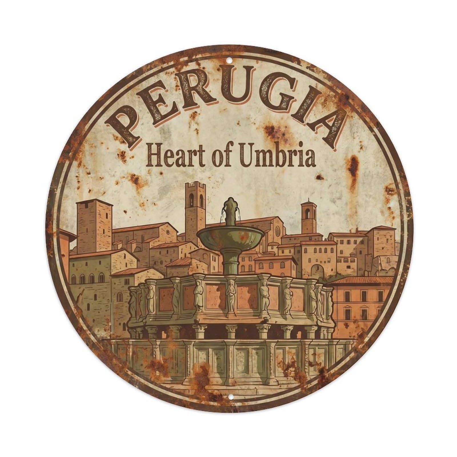 Vintage Travel Perugia Umbria Hilltop Metal Tin Sign Plaque Wall Decor for Cafe, Club Bar, Office, Home Garden Round Metal Poster 8x8Inch