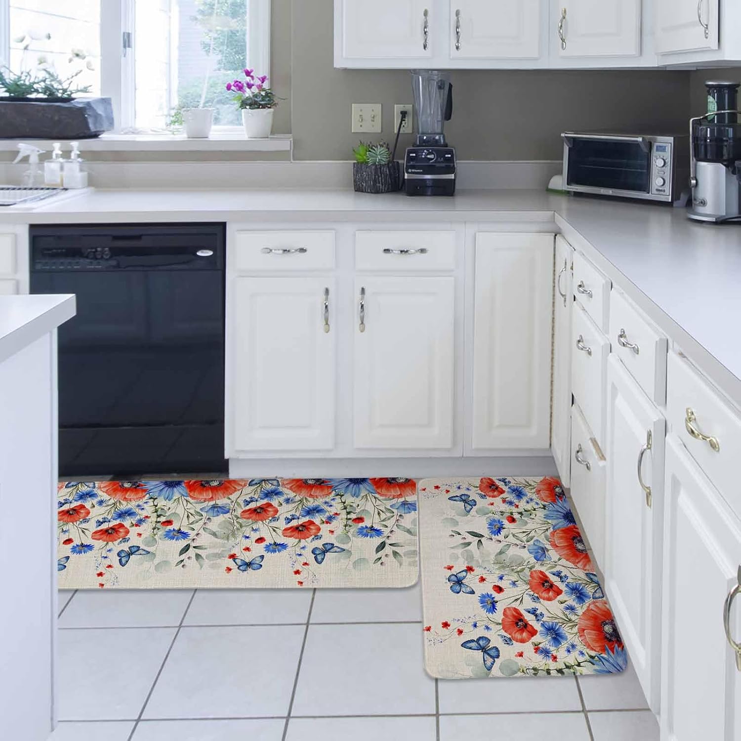 Red Blue Flowers Kitchen Rugs and Mats Set of 2, Non-Slip Kitchen Sink Mat, Spring Floral Farmhouse Botanical Rustic Washable Doormat Bathroom Rugs Runner for Bedroom 19.7"x23.6"+19.7"x47.2"