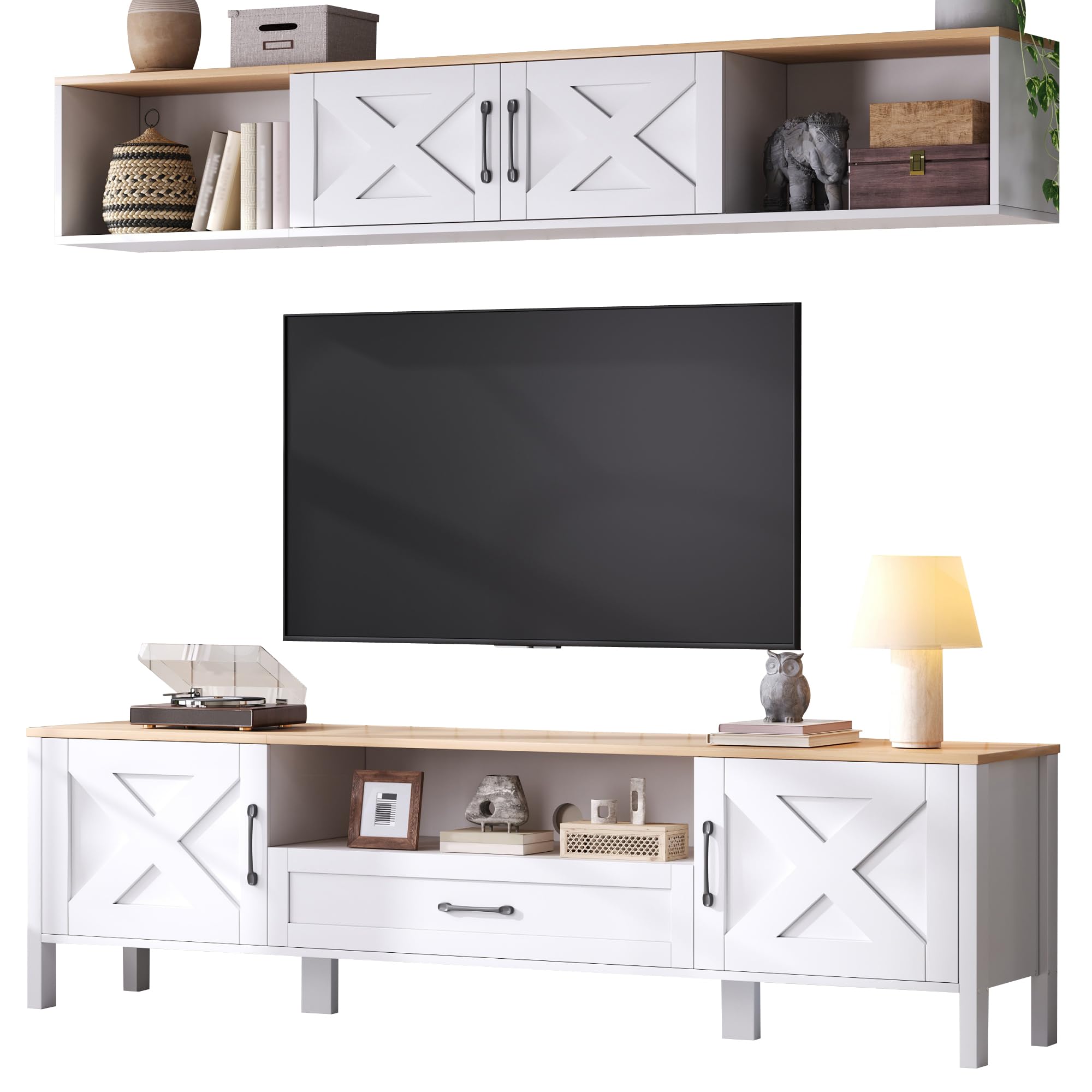 Conjunto de Muebles de Salón Juego de Mueble para TV de 2 Piezas, Mueble de Comedor con 4 Puertas y 1 Cajón, Mesa de TV 180cm, Mueble TV de 80 Pulgadas, 180x40x50 cm, Blanco