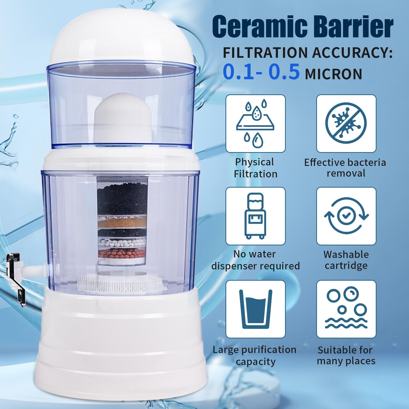 Distributore di depuratore d'acqua, caraffa filtrante per acqua da 14 litri, bollitore per filtri dell'acqua da banco con rubinetto, dispenser di filtro purificante in plastica al carbonio