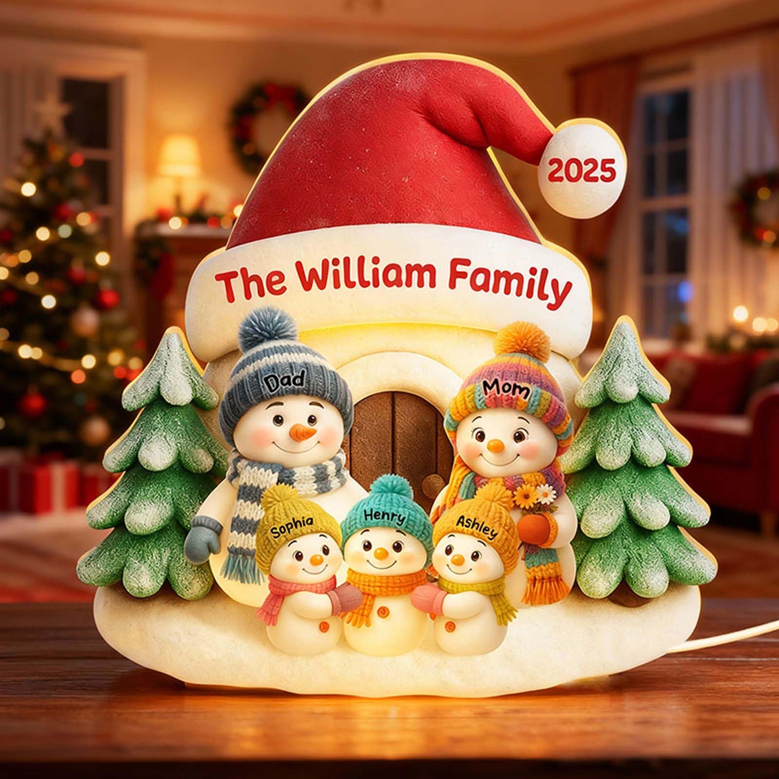 Drawelry Custom Name Snowman Night Light, Personalized Christmas Snowman Decoration, Custom LED Lights Box with Names,Family Light Decorations,Xmas Gift (Snowman Family with Tree)