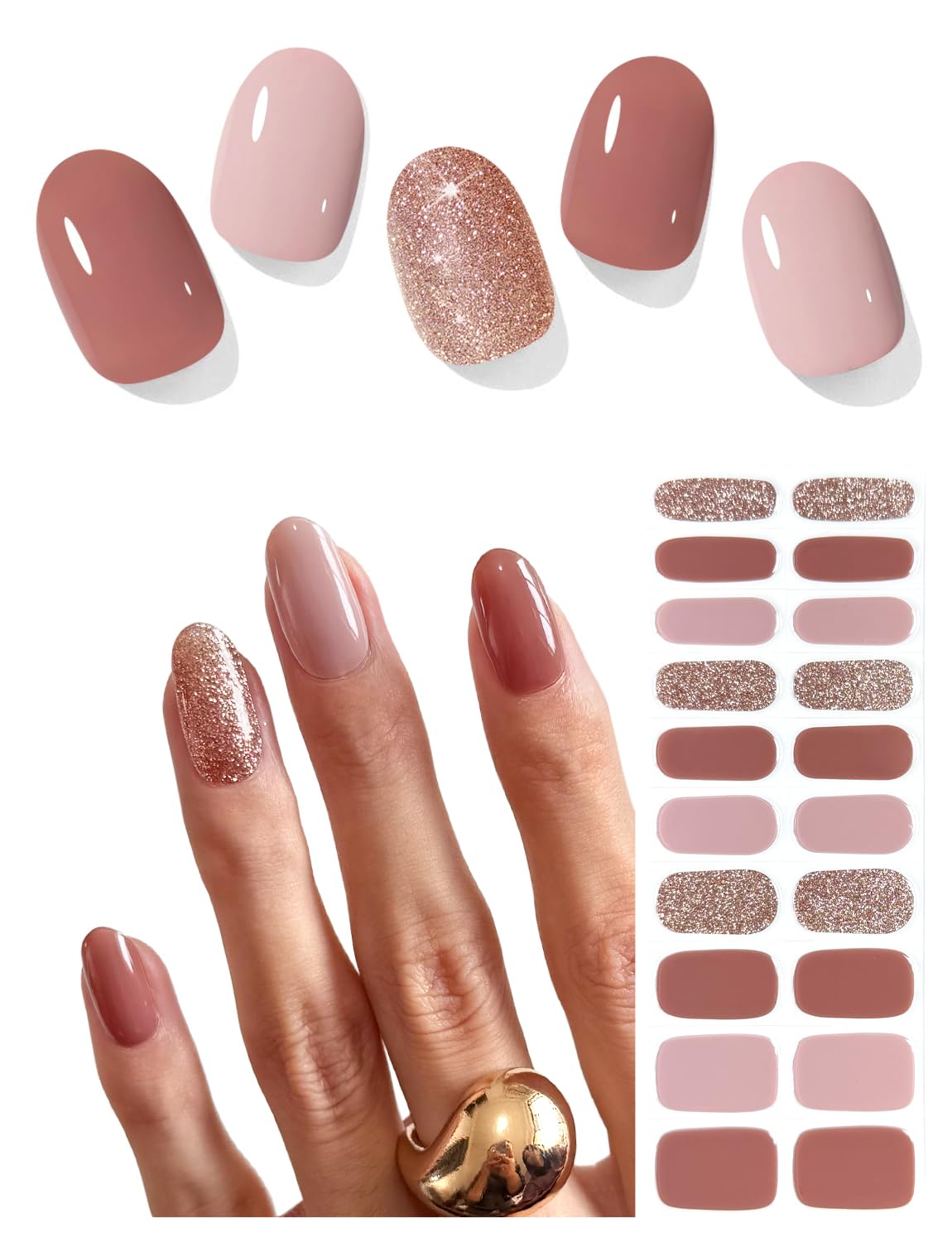 AutyaMee Semi Cured Gel Nail Strips (Brown Omber), 20 Pcs Fall Gel Nail Wraps, Stickers, Long Lasting, Works With Any UV Lamps