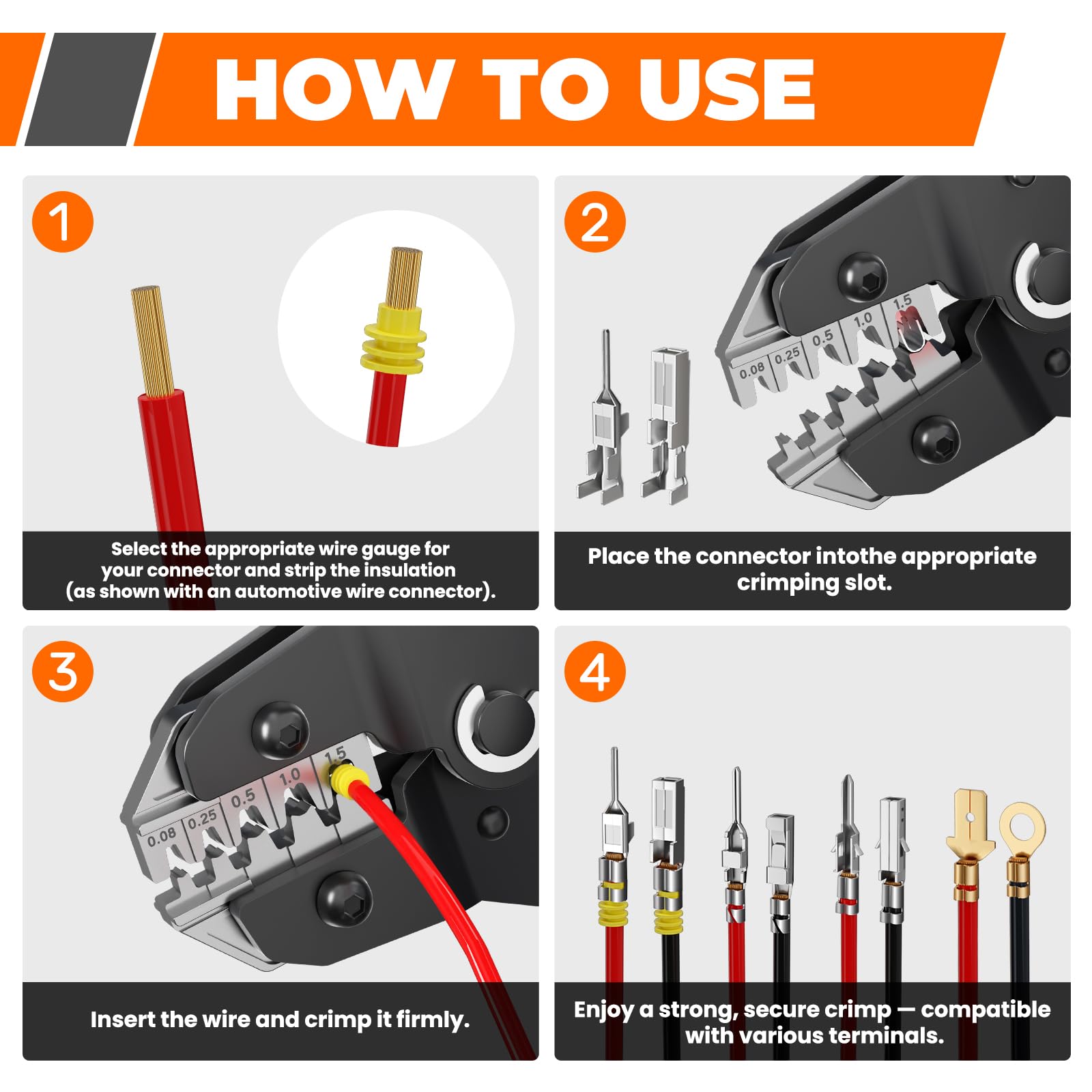 Herramienta de crimpado de alambre 5 en 1, crimpadora de trinquete AWG 28-16 para terminales de barril abierto no aislados, se adapta a conectores de cable automotrices Deutsch, Delphi, AMP