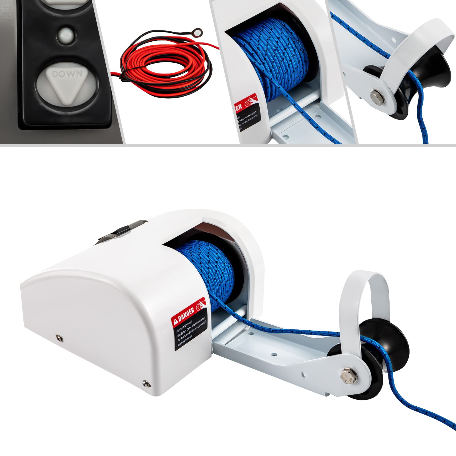Molinete eléctrico para barco de agua dulce y salada, con mando a distancia inalámbrico, 12 V, 20/30 libras, color blanco, para ancla de hasta 20 kg