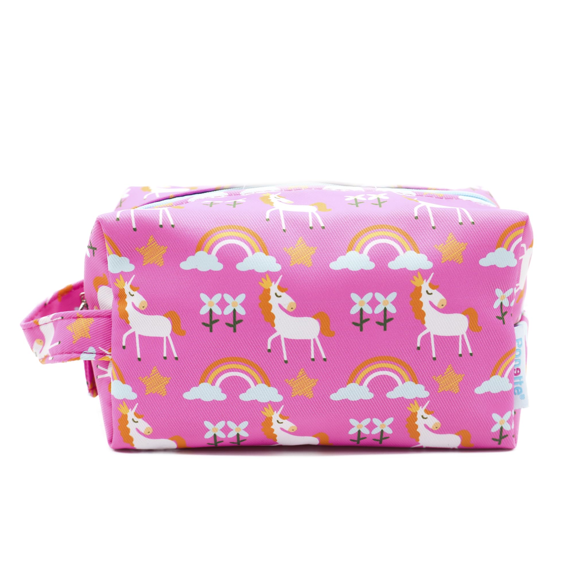 Ponette Neceser Infantil en Tejido Fucsia con Divertido Estampado de Caballos Unicornios, Arco Iris, Estrellas y Flores, Niño, Niña, Viaje, Estuche, Bolsa, Piscina, Colegio, Marca Española