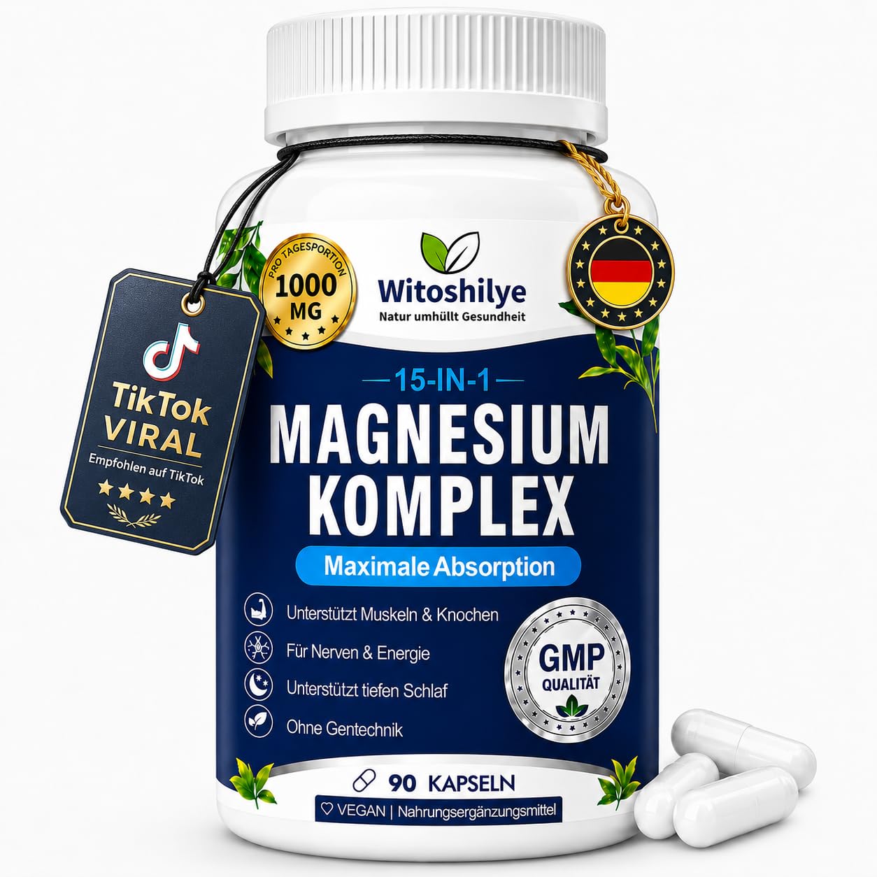 Magnesium-Komplex hochdosiert Natürliche Elemente 15-in-1, Mit Magnesiumbisglycinat,Citrat,Malat,Taurat,Oxid, Carbonat & mehr,Für Muskeln,Knochen,Nervensystem & Energiestoffwechsel,vegan (90 Kapseln)
