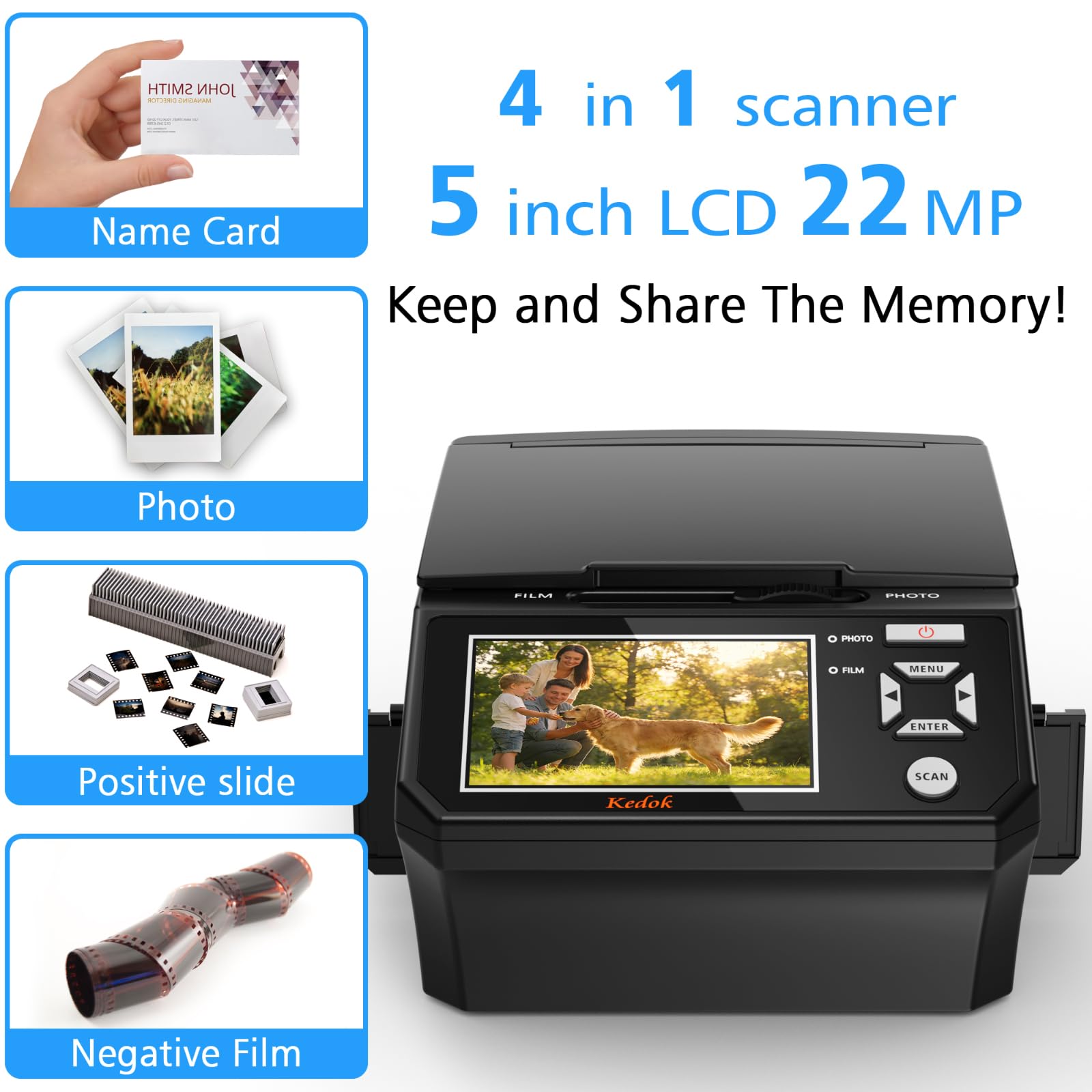Escáner fotográfico 35mm 110mm 22MP LCD 5 Pulgadas JPEG Tarjeta SD 8GB