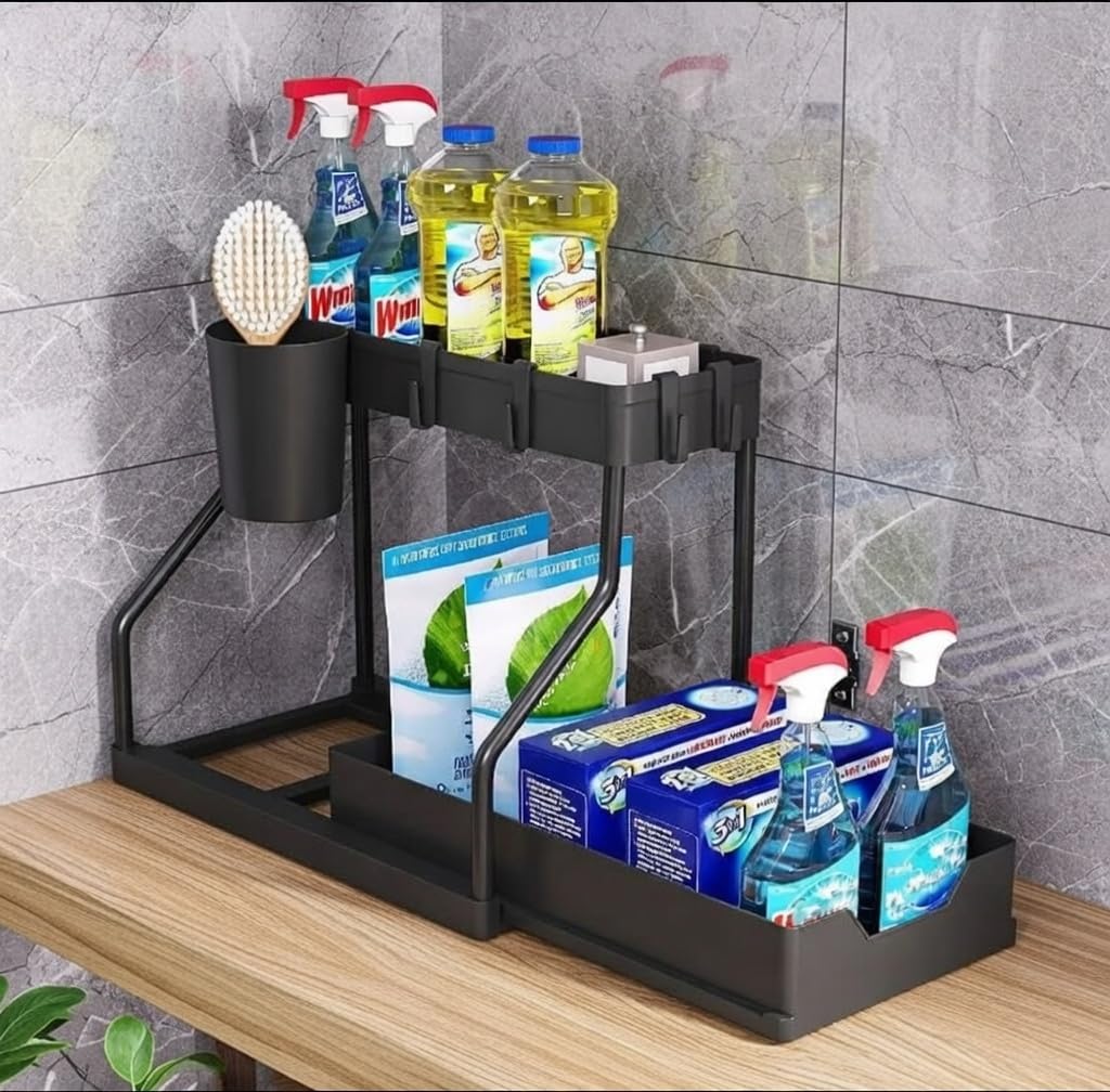 MOGAL KRUPA TRAEDR 2 Tier Under Sink Storage Organizer Rack | Metal Utility Shelf for Kitchen & Bathroom | Multi-Purpose Cabinet Organizer Stand | Space Saving Storage Rack (Black) | TRINGLE (Casual)-image-32