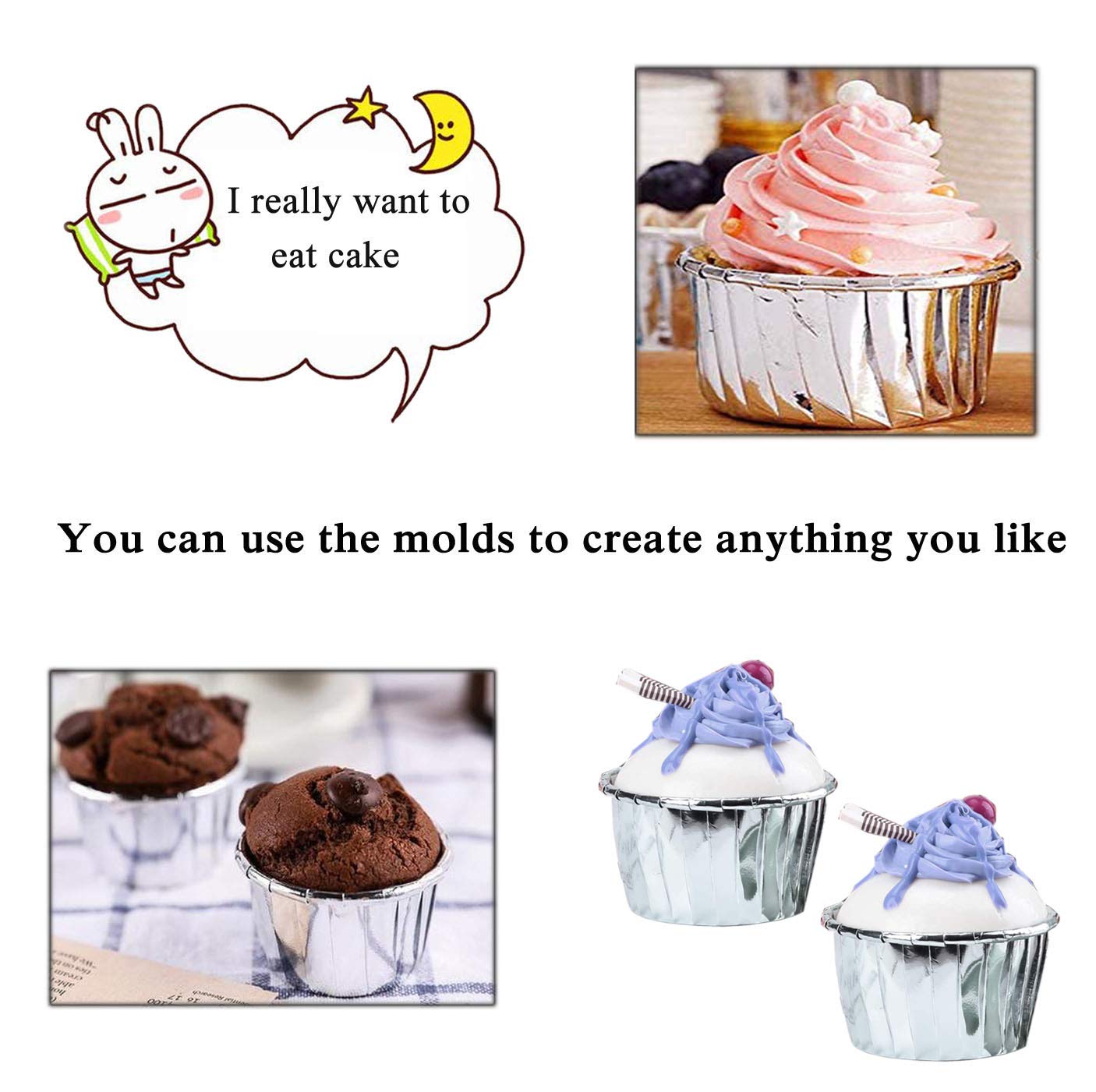 YOUYIKE Muffinvormpjes, zilver, 50 stuks, cupcakevormpjes, zilver, muffinvormpjes, aluminium, mini-cupcake-vormpjes, mini-muffinvormpjes, papieren vormen, bakvormen voor het bakken van taarten en