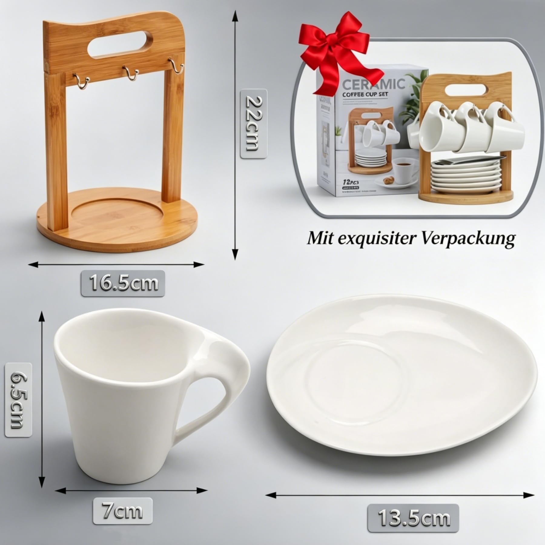 Lot de 6 Tasses Expresso à café avec soucoupes sur support, porcelaine, 80 ml, service à café pour 6 personnes tasse, a cafe avec support