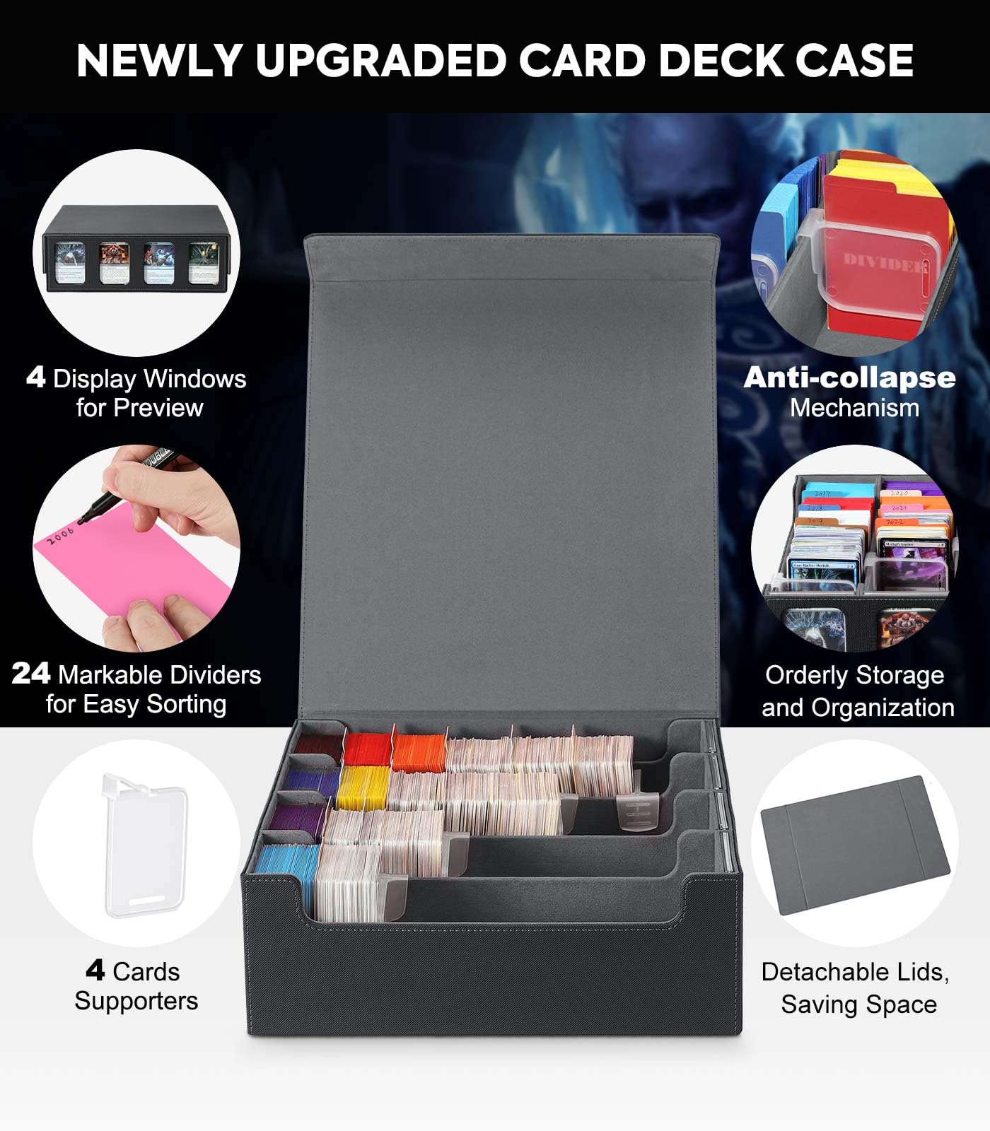 MoKo Card Storage Box for Trading Cards, 3000+ MTG Deck Box with 24 Colorful Dividers & 4 Card Supporters, Commander Card Deck Case with Display Window, Fits for Magic Game Cards, YugiOh, Black Grey