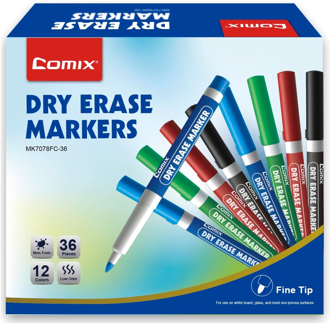Comix Fine Tip Dry Erase Markers, Low Odor Whiteboard Markers, 36 Bulk 4 Assorted Colors Markers for Kids Teachers Office & School Supplies